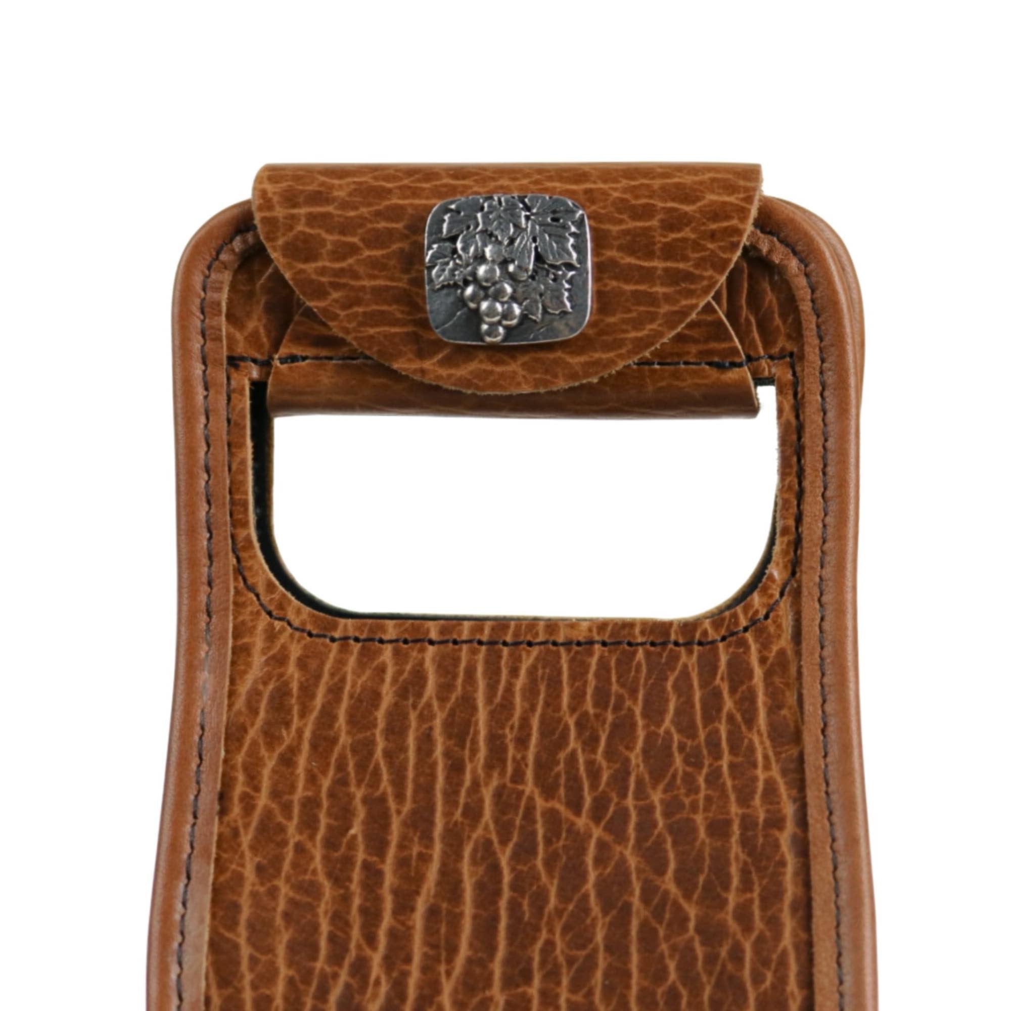 Leather Wine Bag, Bison leather in tobacco, Button detail