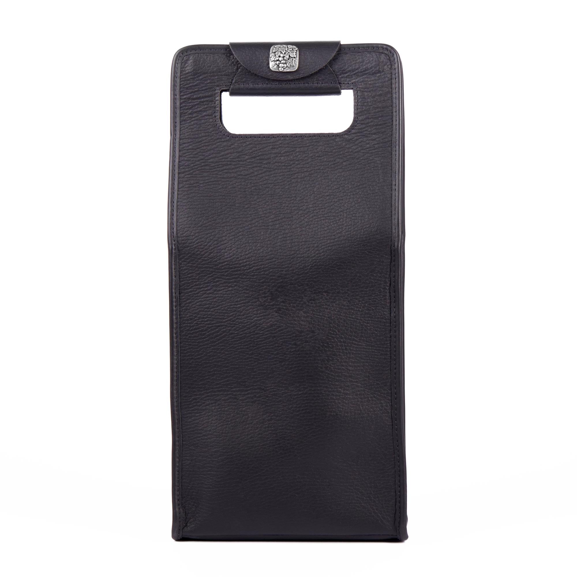 Leather Wine Carrier Bag, double, black pebbled leather, Sonoma County Leather