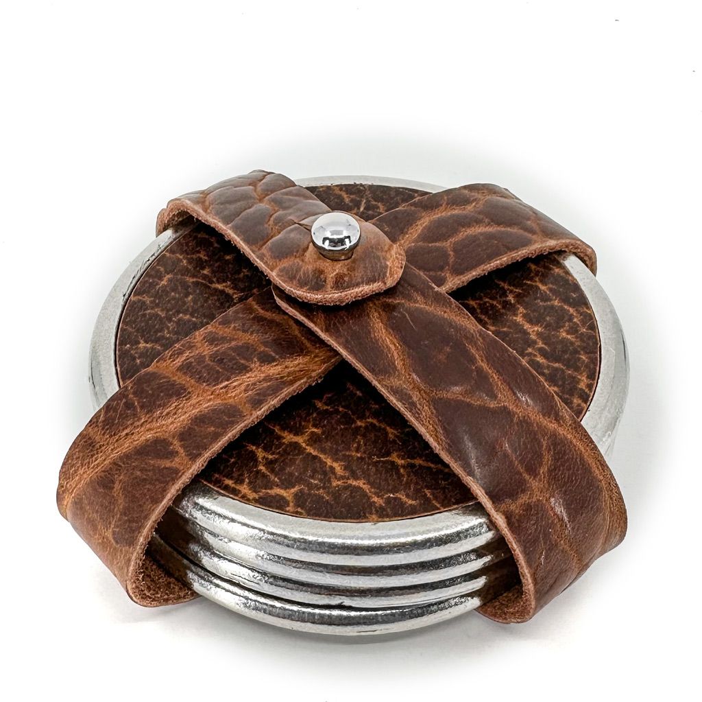 Premium Leather & Metal Coasters, Bison, Handmade in the USA, Set of 4 with Strap Holder