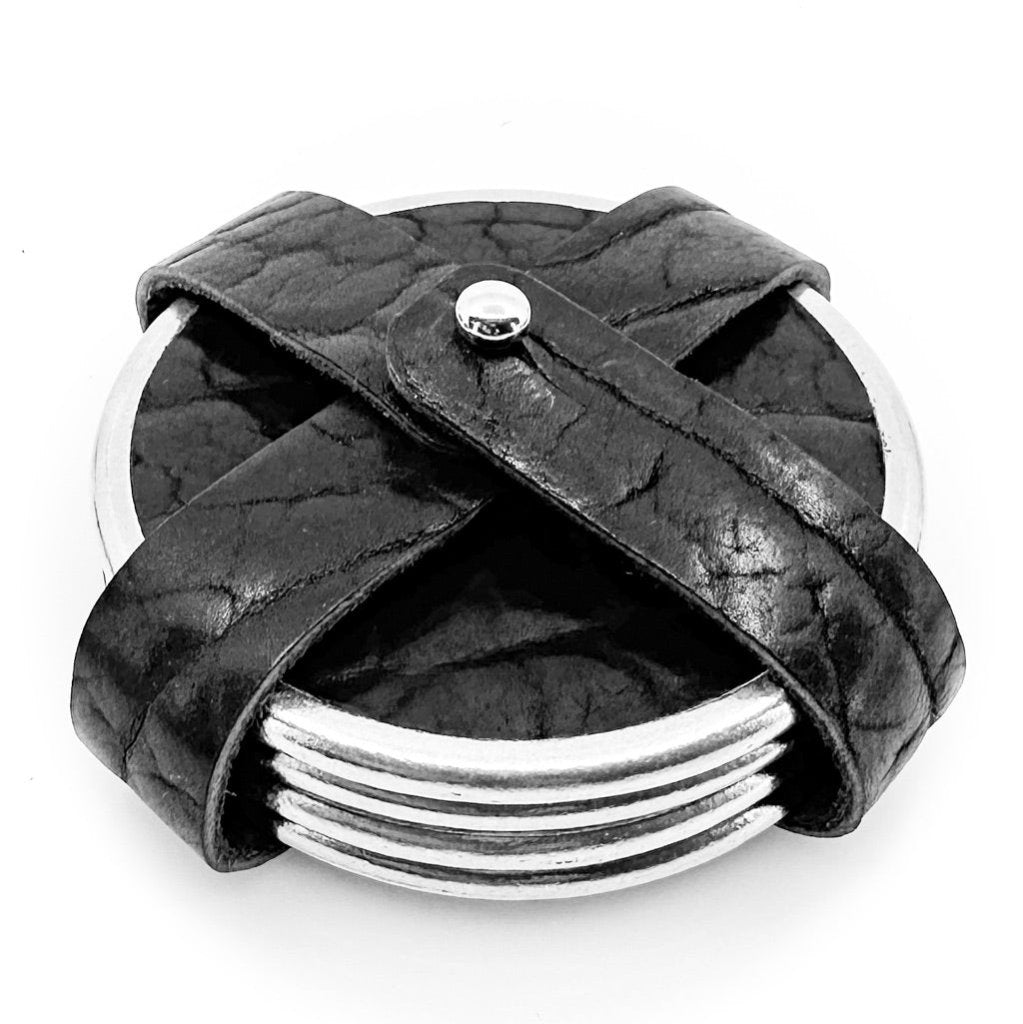 Premium Leather & Metal Coasters, Bison black by sonoma county leather with strap holder