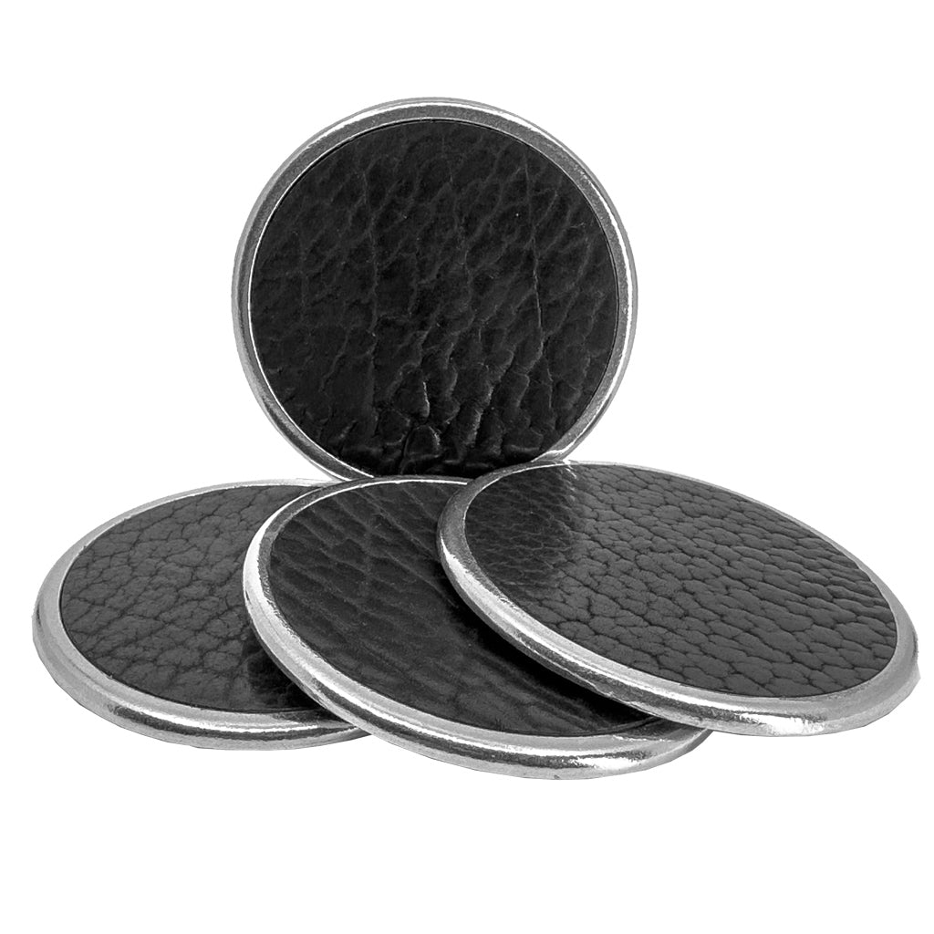 Premium Leather & Metal Coasters, Bison black by sonoma county leather set of 4