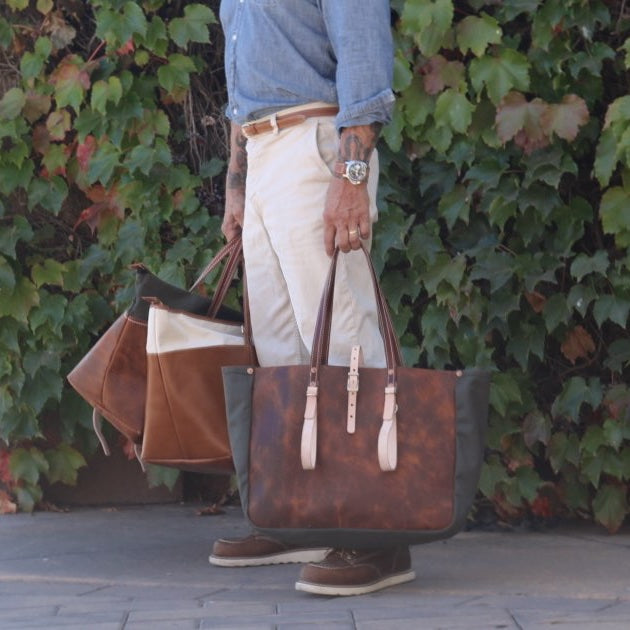 Moon mountain tote by sonoma county leather hand holding lifestyle