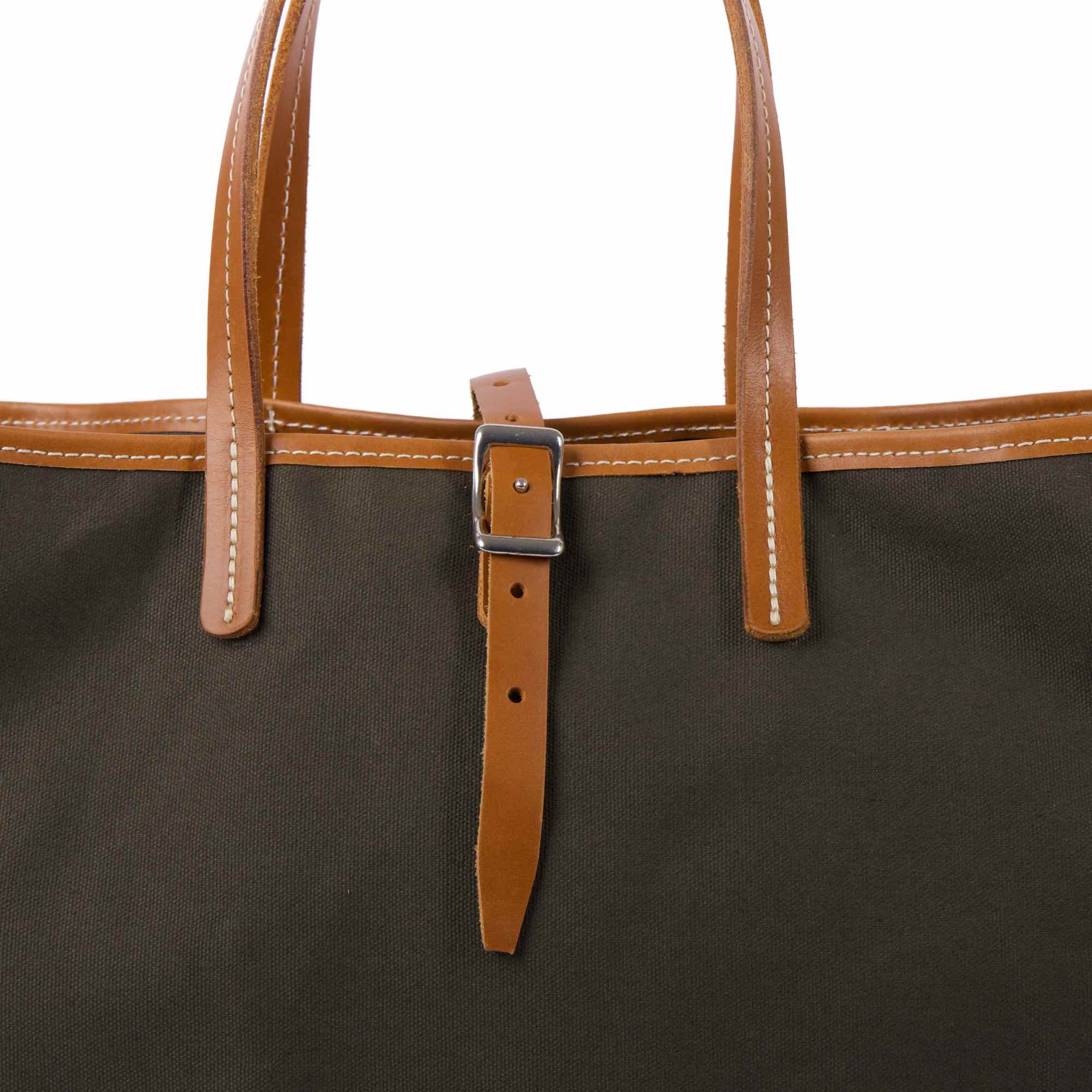 Day and night tote in dark olive canyon by sonoma county leather buckle detail