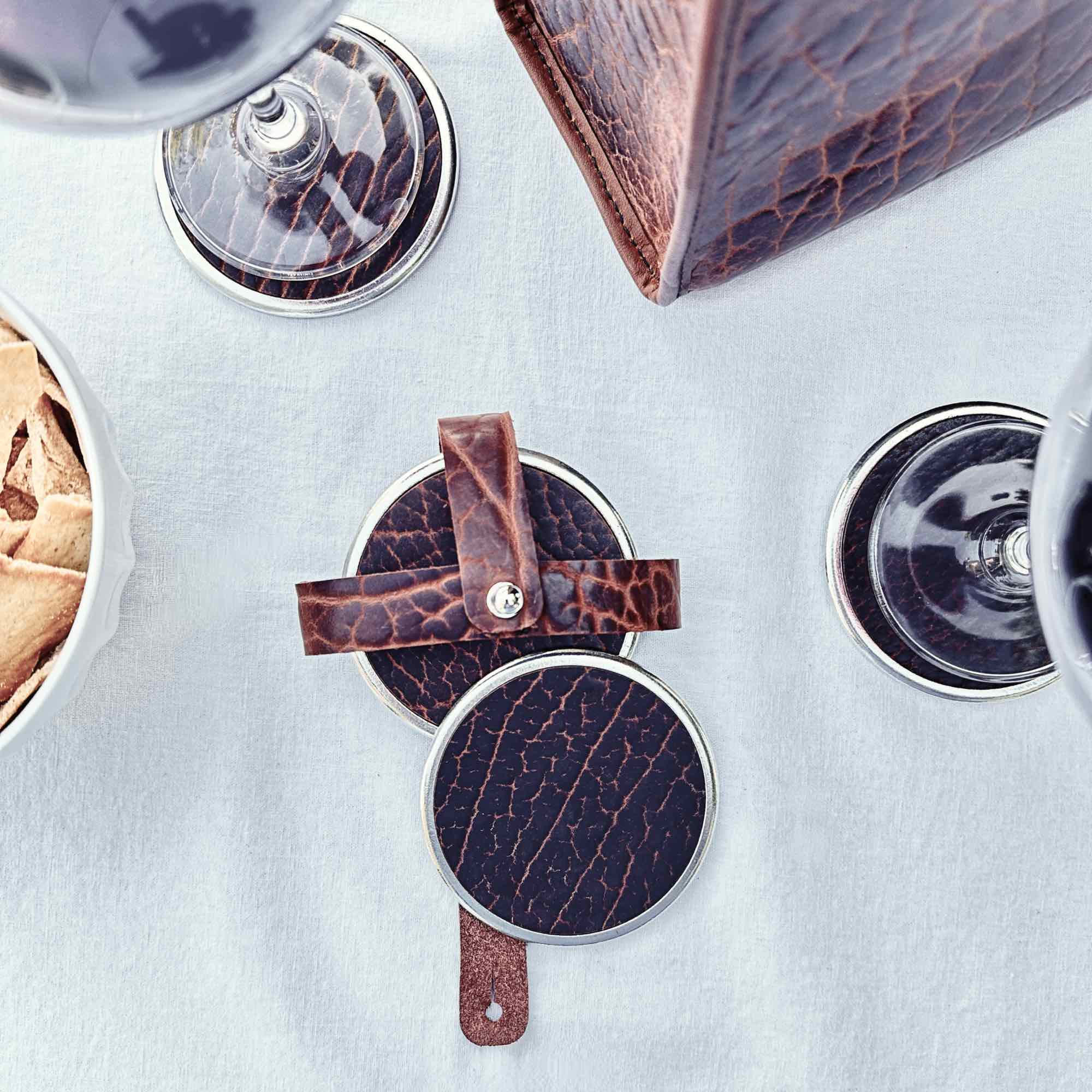 Premium Leather & Metal Coasters, Bison tobacco by sonoma county leather table setting lifestyle