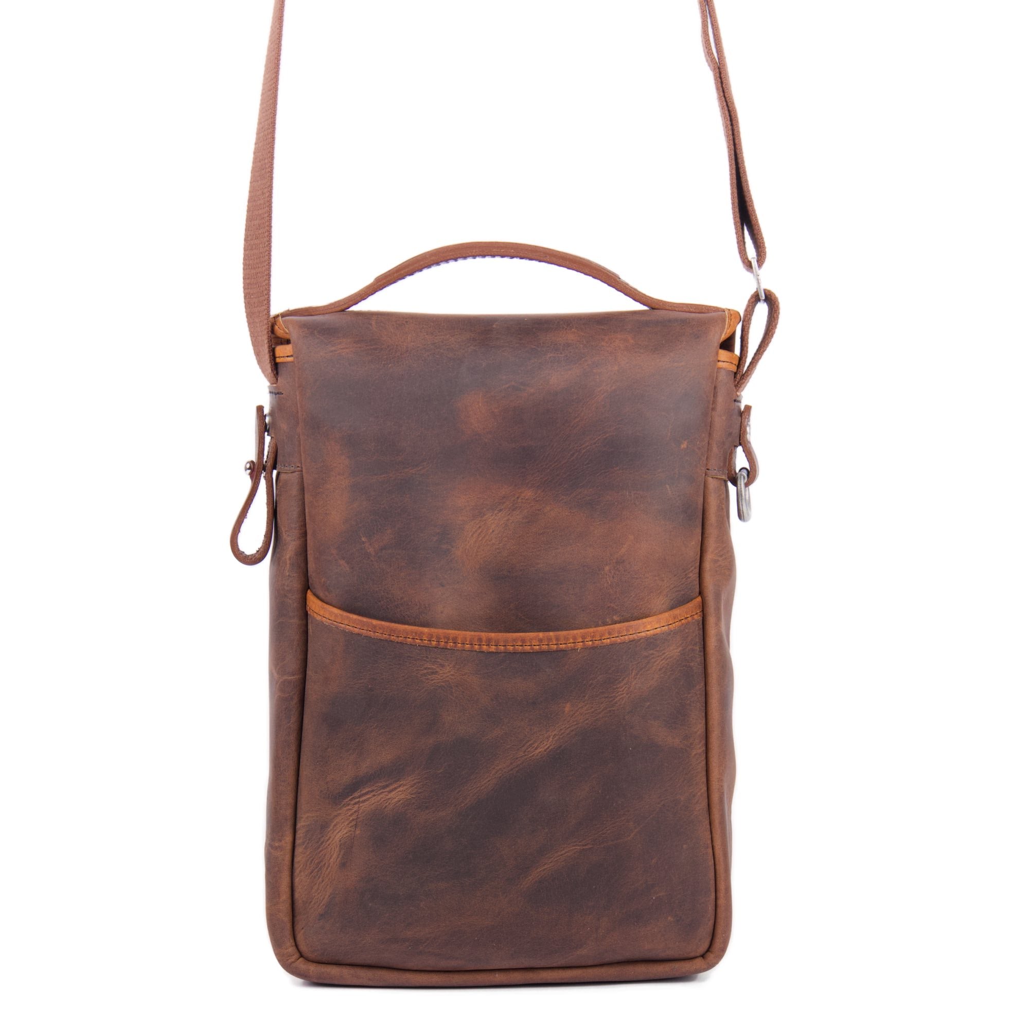 Double bottle wine satchel in good times by sonoma county leather back view