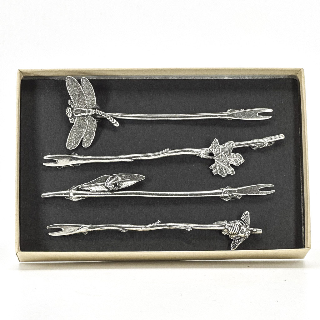 Hand-cast pewter appetizer picks by sonoma county leather boxed