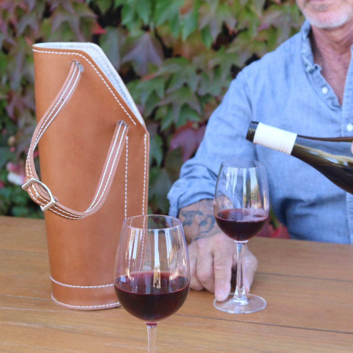 Barlow wine bag by sonoma county leather pouring glasses lifestyle