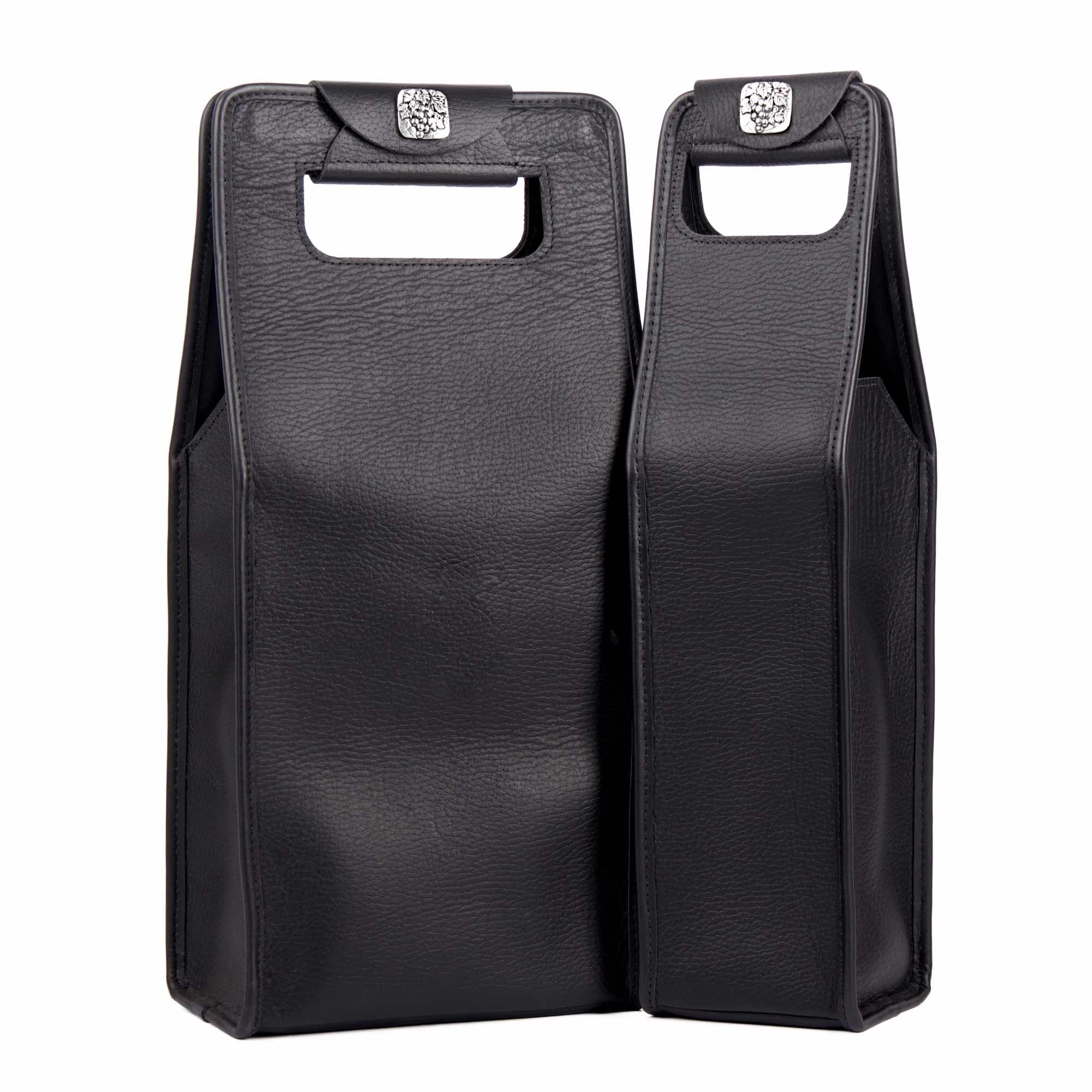 Leather Wine Carrier Bag, double and single bottle pair, black pebbled leather, Sonoma County Leather