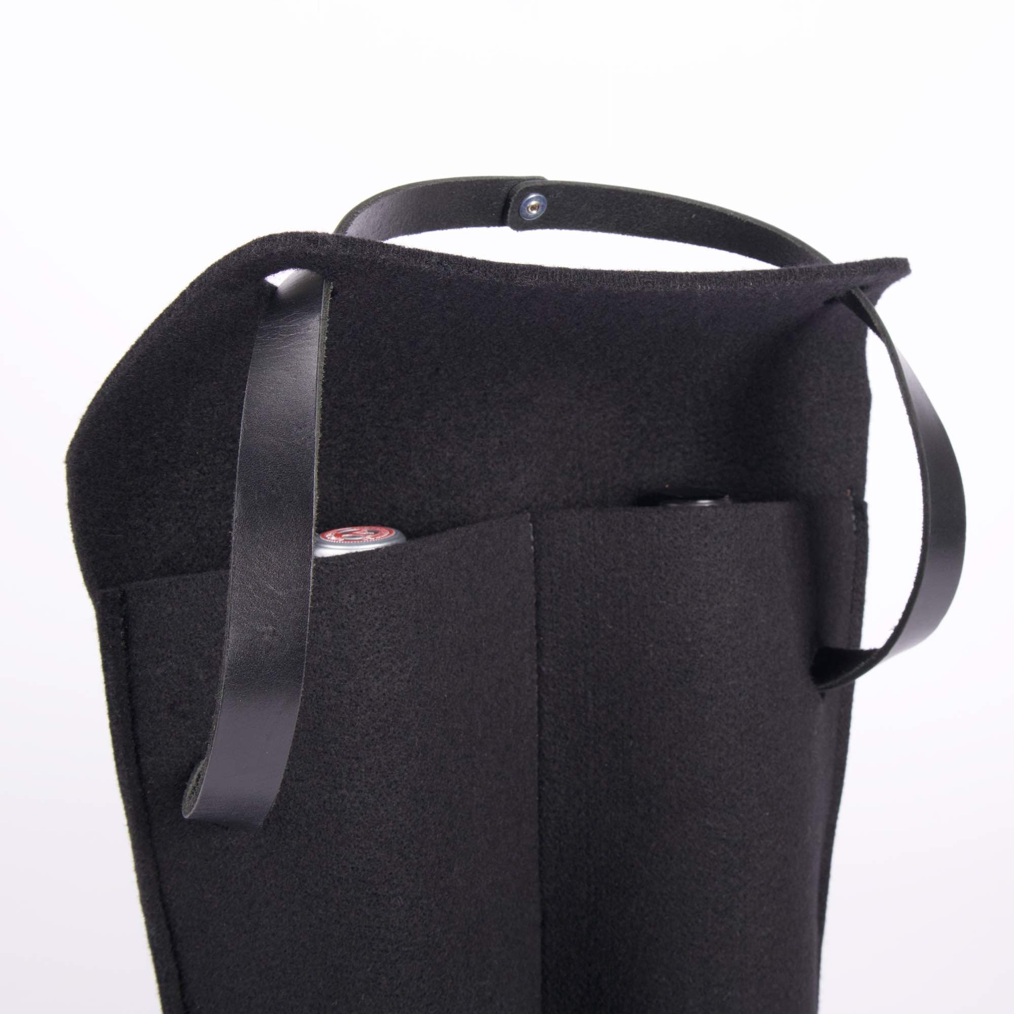 Felt double bottle wine bag by sonoma county leather in black open close-up