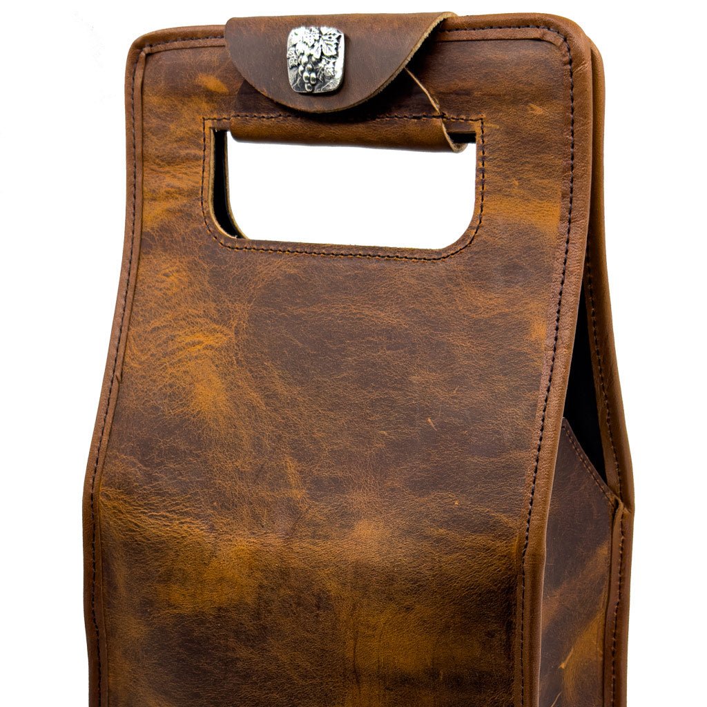 Double bottle wine carrier bag in good times by sonoma county leather front detail