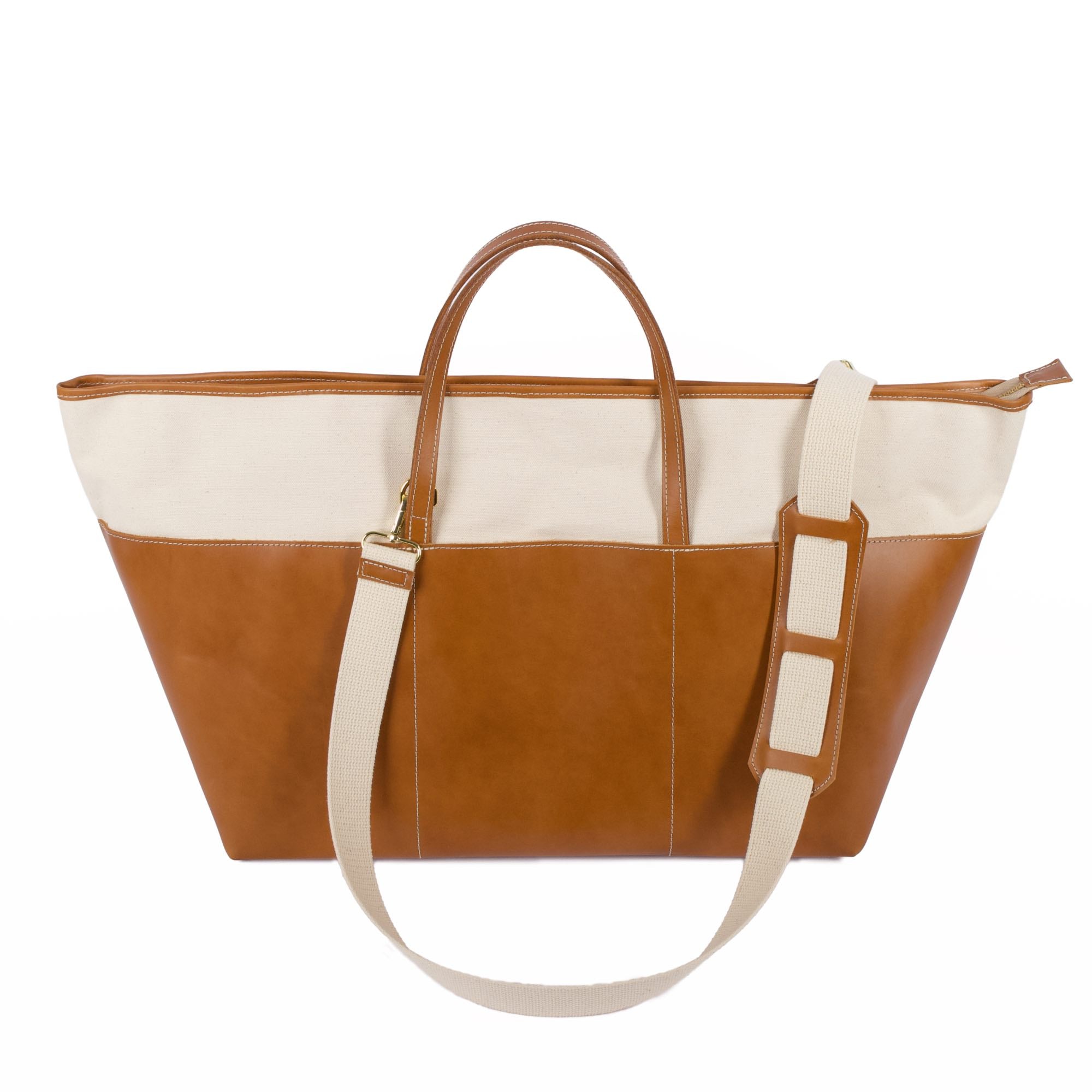 Tuscany weekender bag in natural canyon by sonoma county leather front with strap attached