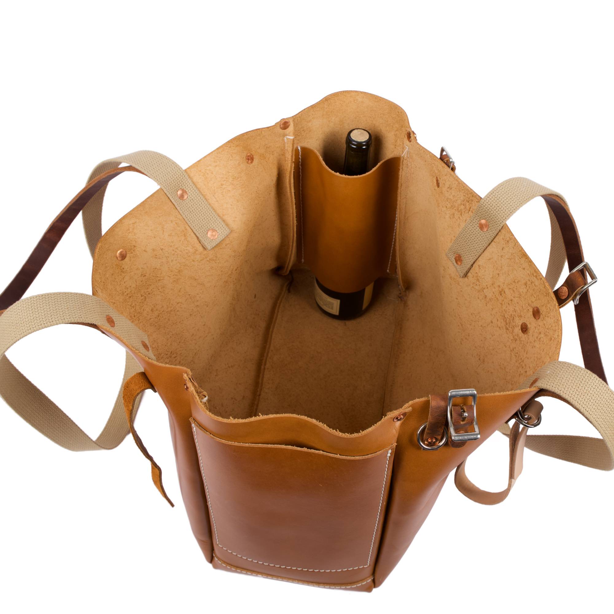 Vintner tote in cyclone by sonoma county leather open interior with bottle