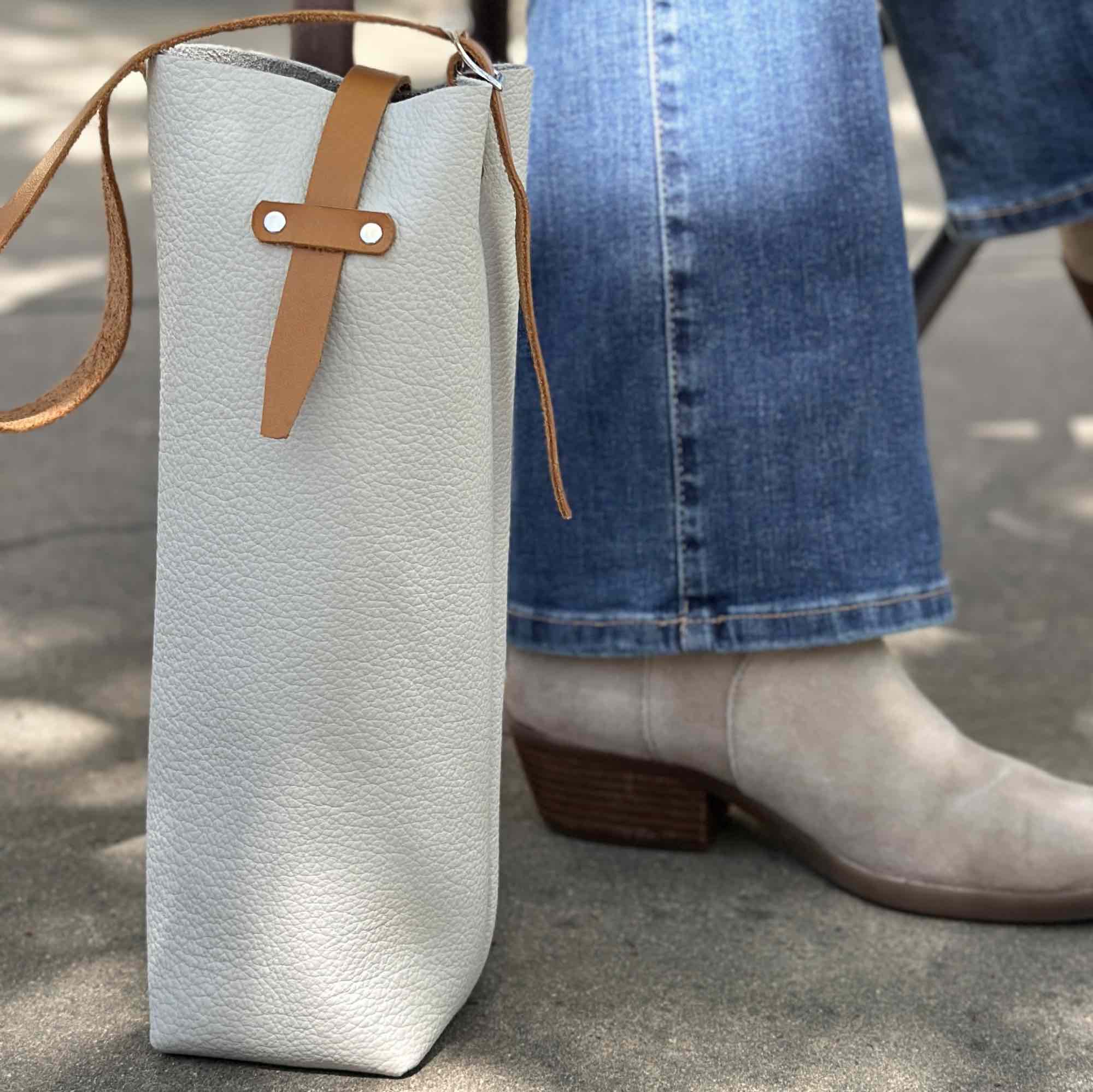 Leather wine bottle carrier bag, Pacific Fog at the cafe