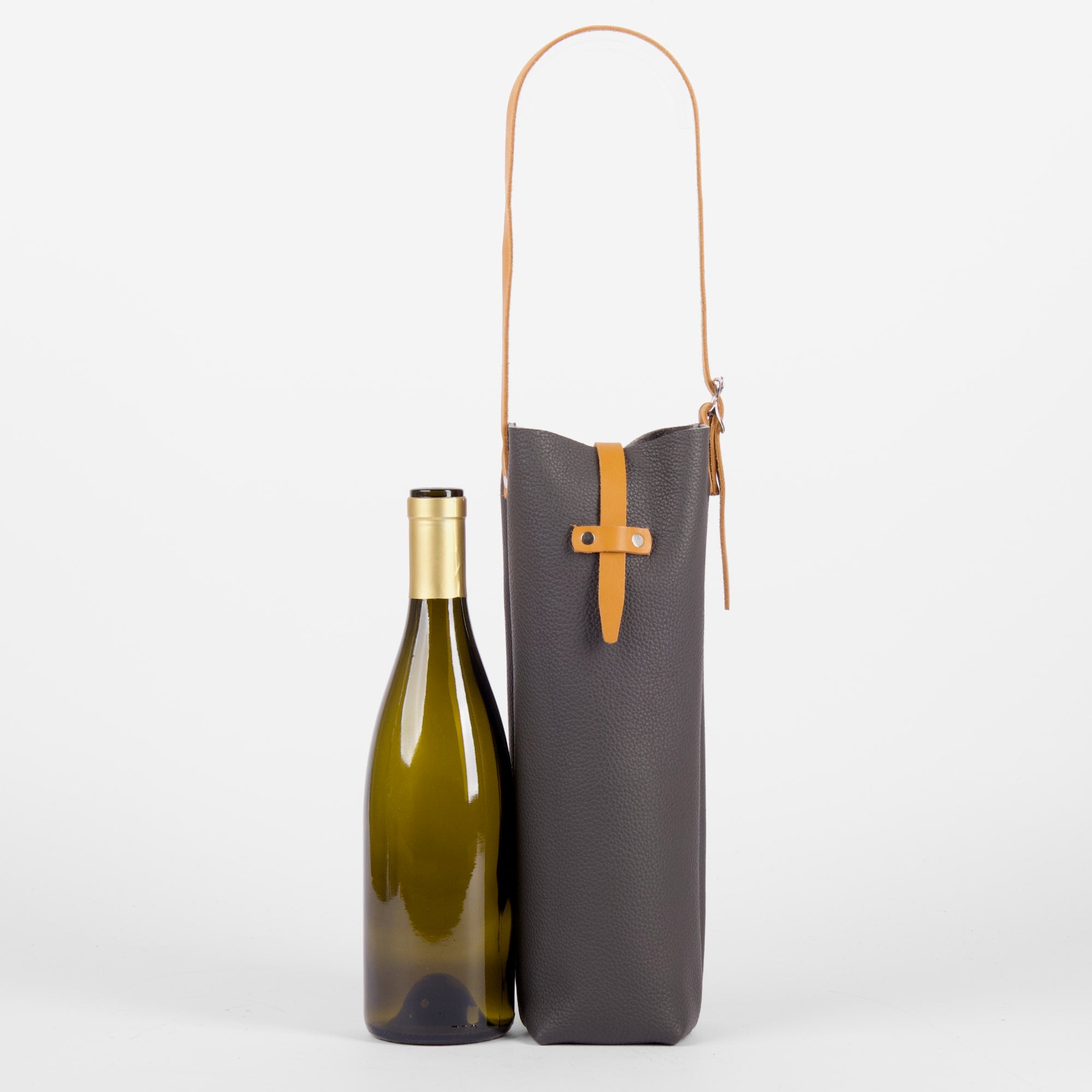 Leather wine bottle carrier bag, Pacific Charcoal, with bottle