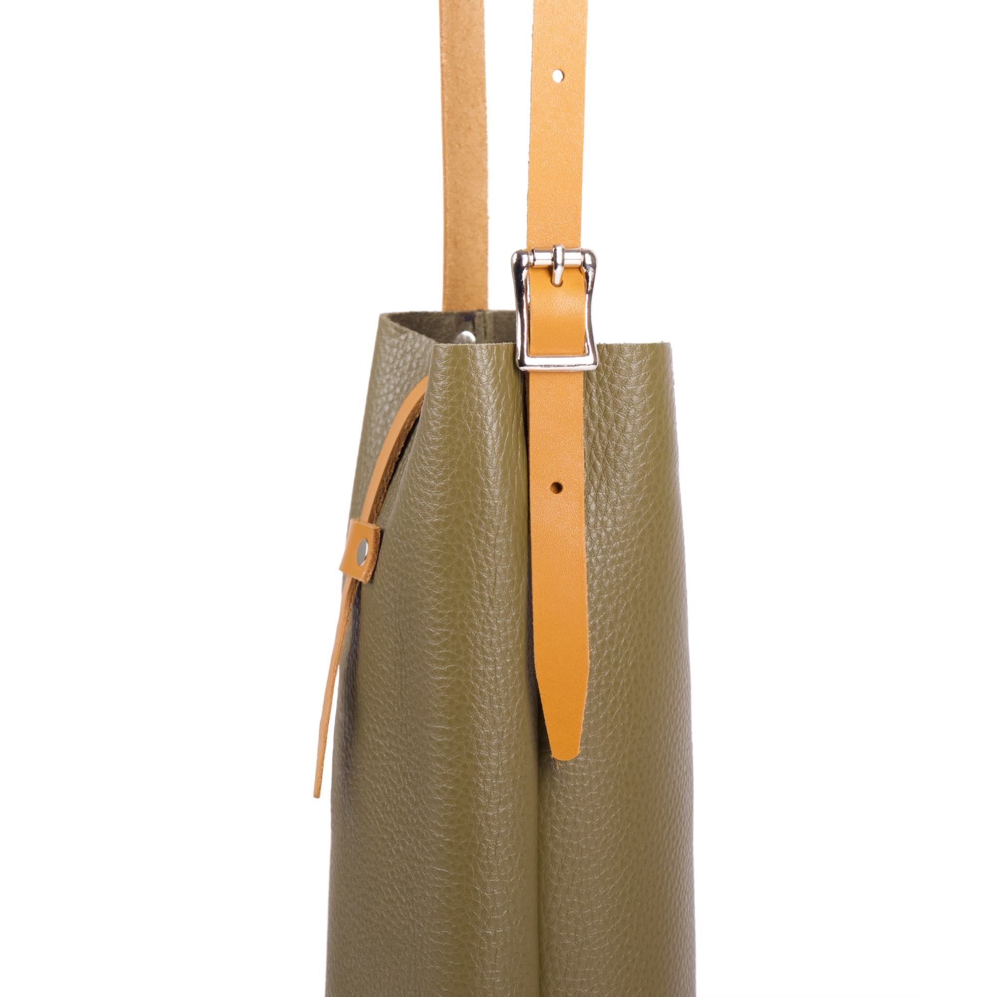 Leather wine bottle carrier bag, Pacific Sage, side view