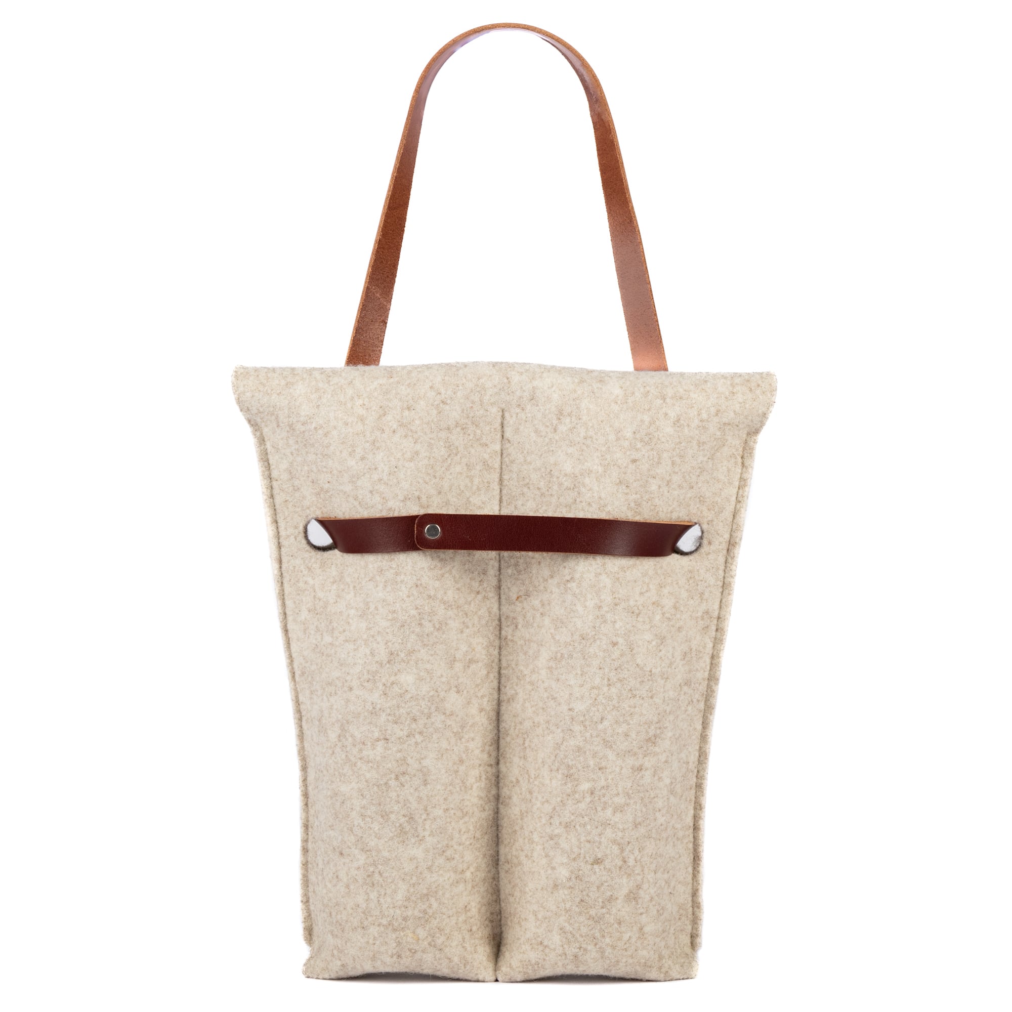 Felt double bottle wine bag by sonoma county leather in oatmeal closed long strap