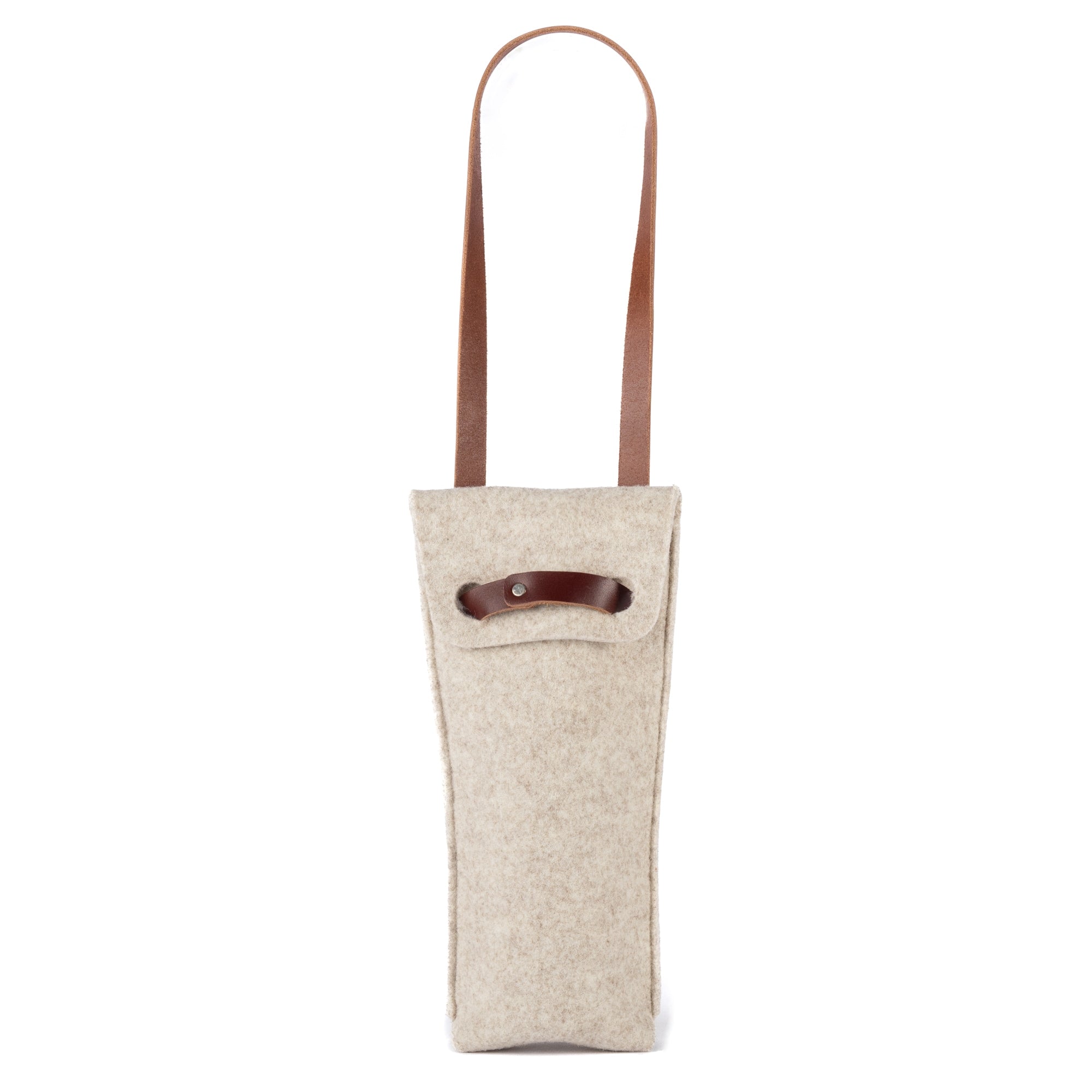 Single bottle felt wine bag by sonoma county leather in oatmeal closed long strap