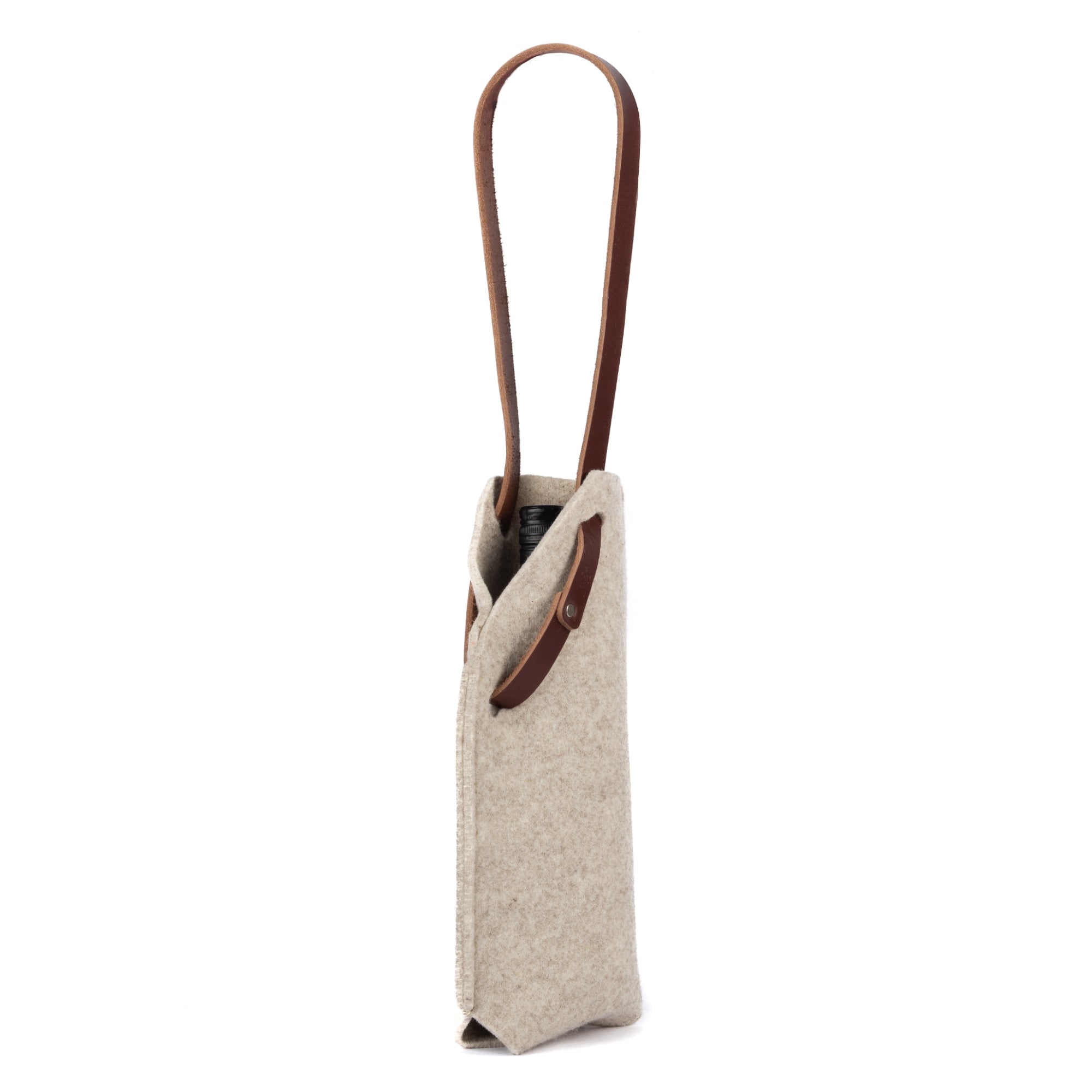 Single bottle felt wine sling by sonoma county leather in oatmeal long handle