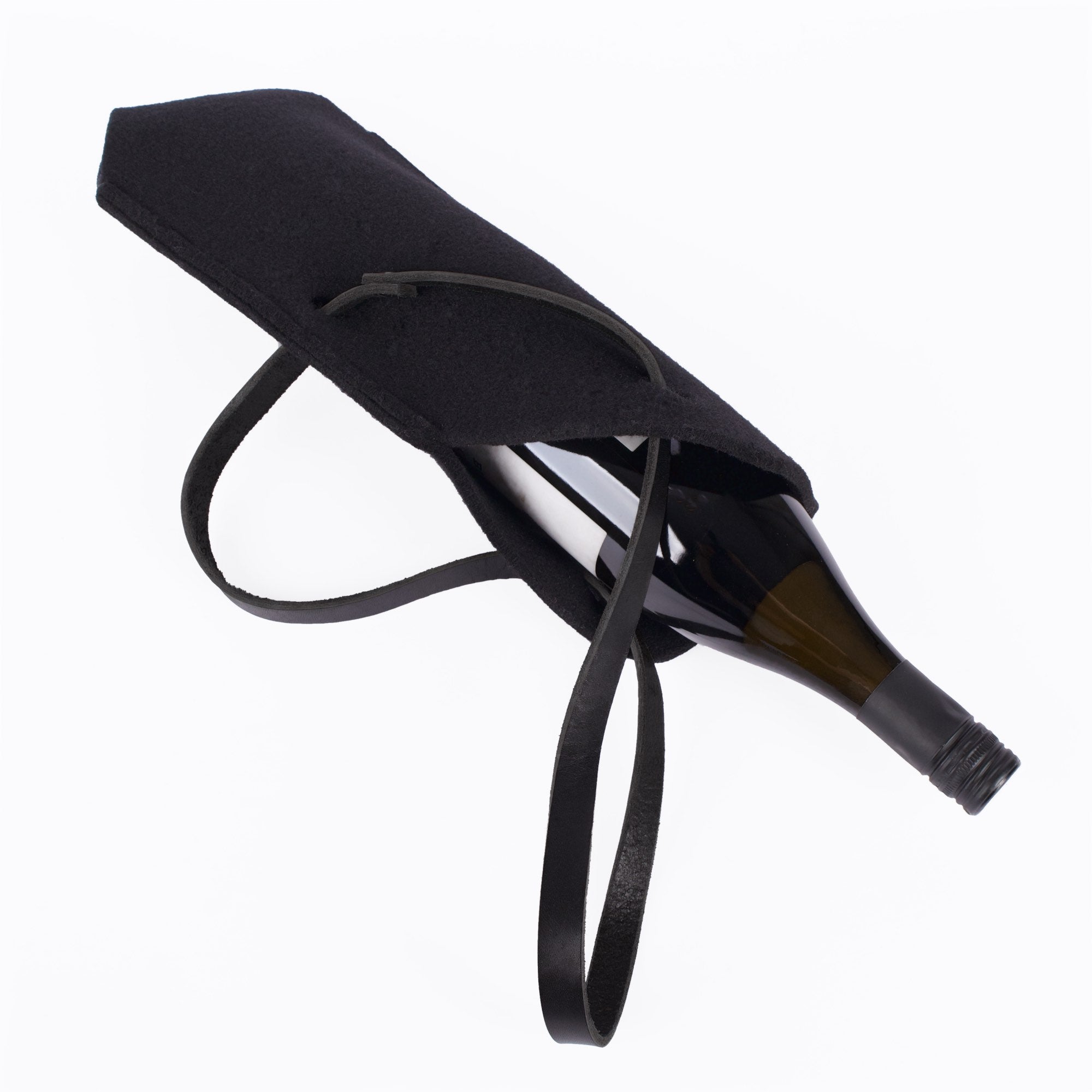 Single bottle felt wine sling by sonoma county leather in black ling down with bottle