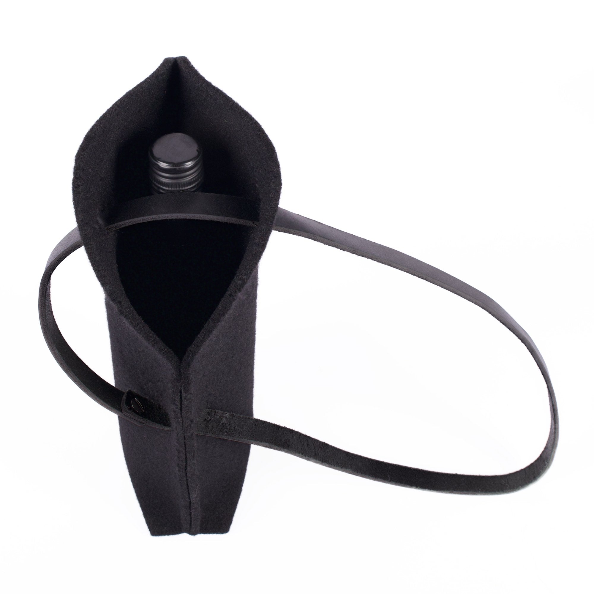 Single bottle felt wine sling by sonoma county leather in black above with bottle