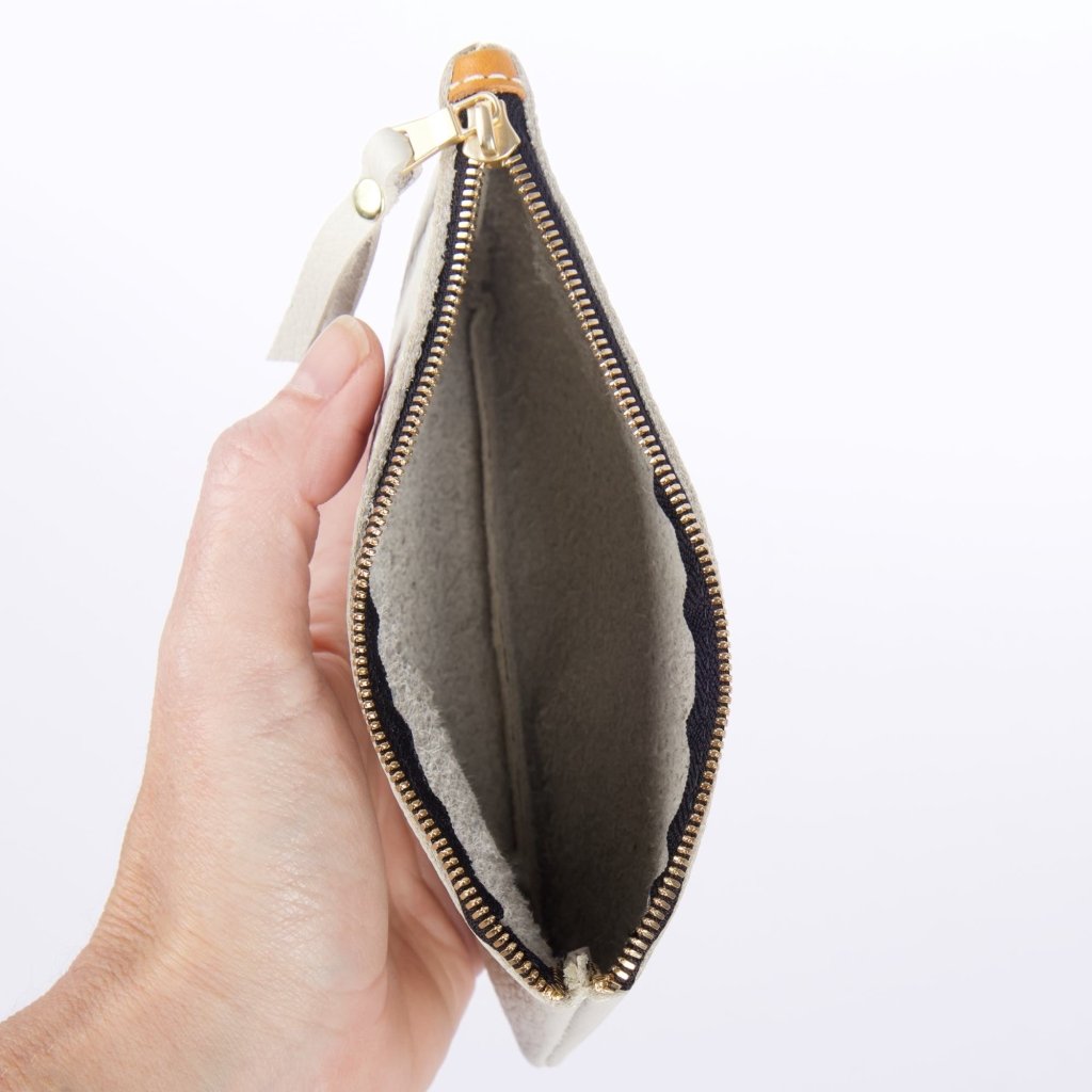 Leather Zipper Pouch, coin purse, wallet, Pacific Fog interior