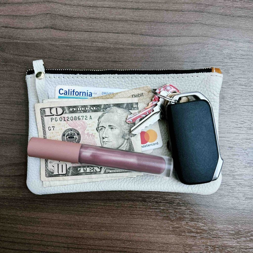 Leather Zipper Pouch, coin purse, wallet, Pacific Fog, contents