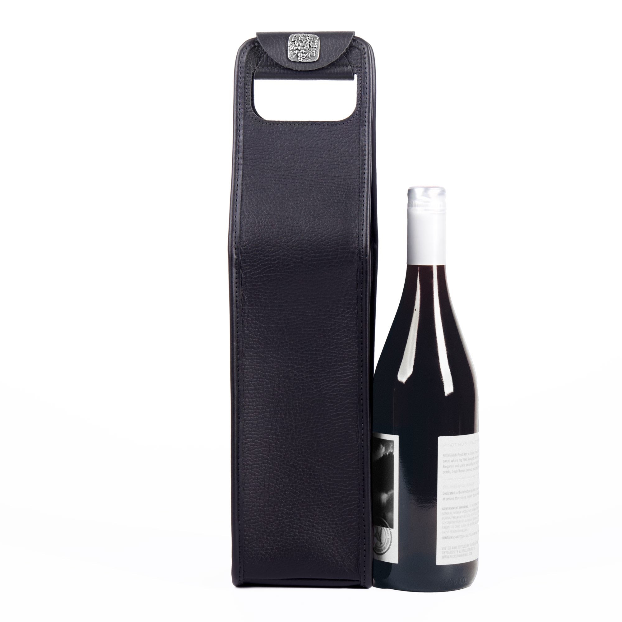 Single bottle wine bag in black pebbled by sonoma county leather front with bottle