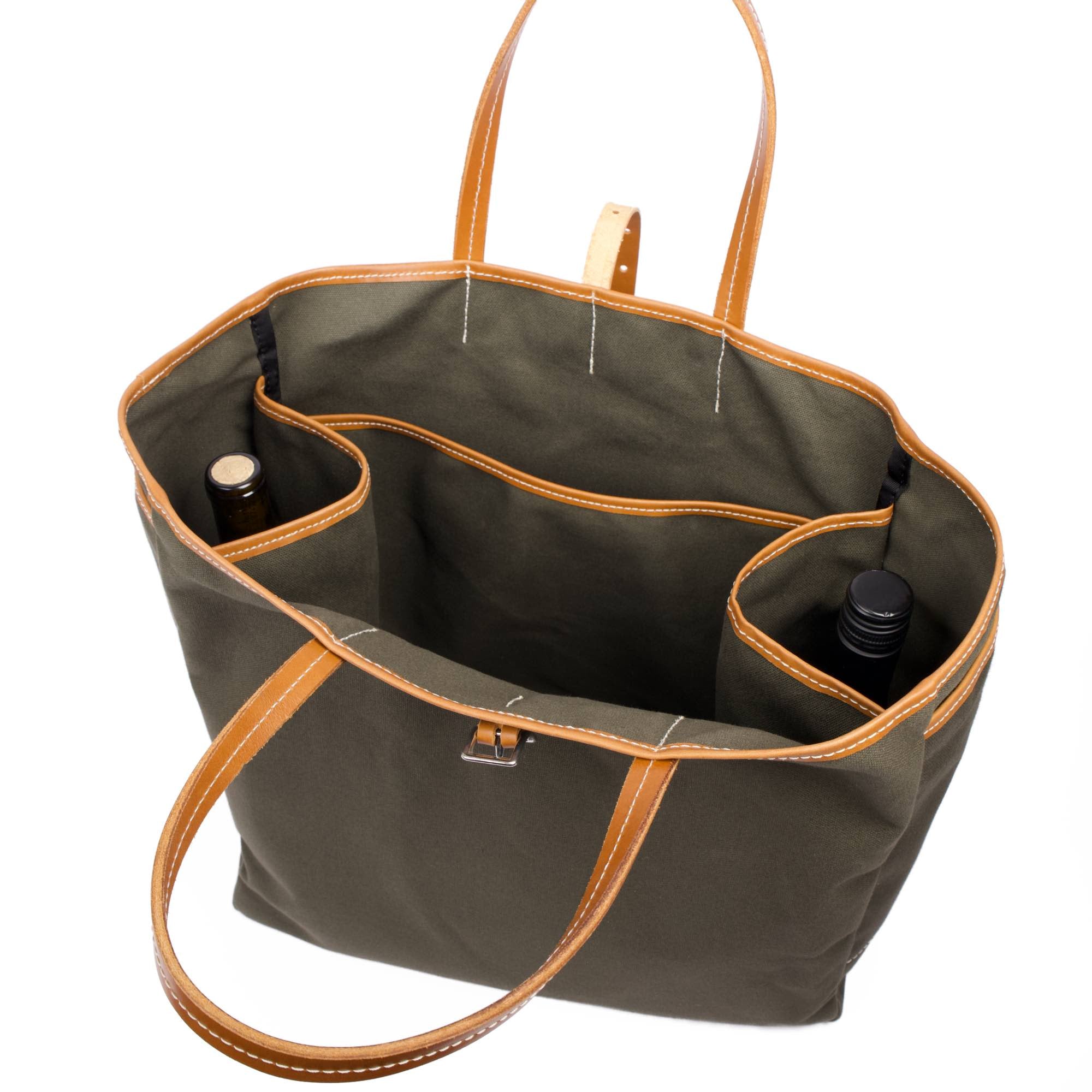 Day and night tote in dark olive canyon by sonoma county leather above view