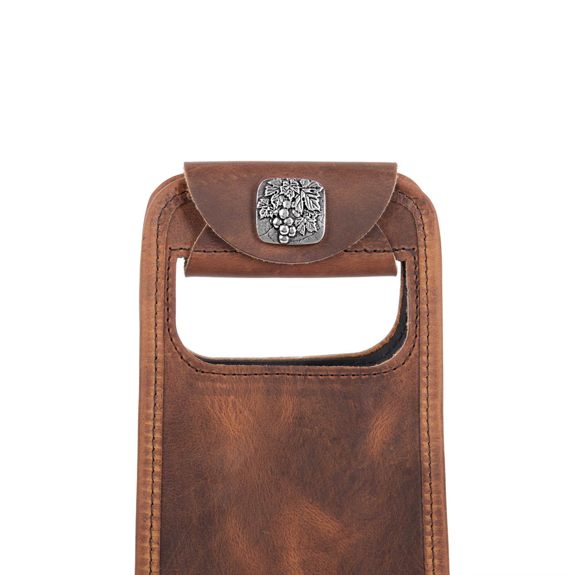 Single bottle wine bag in good times by sonoma county leather button detail