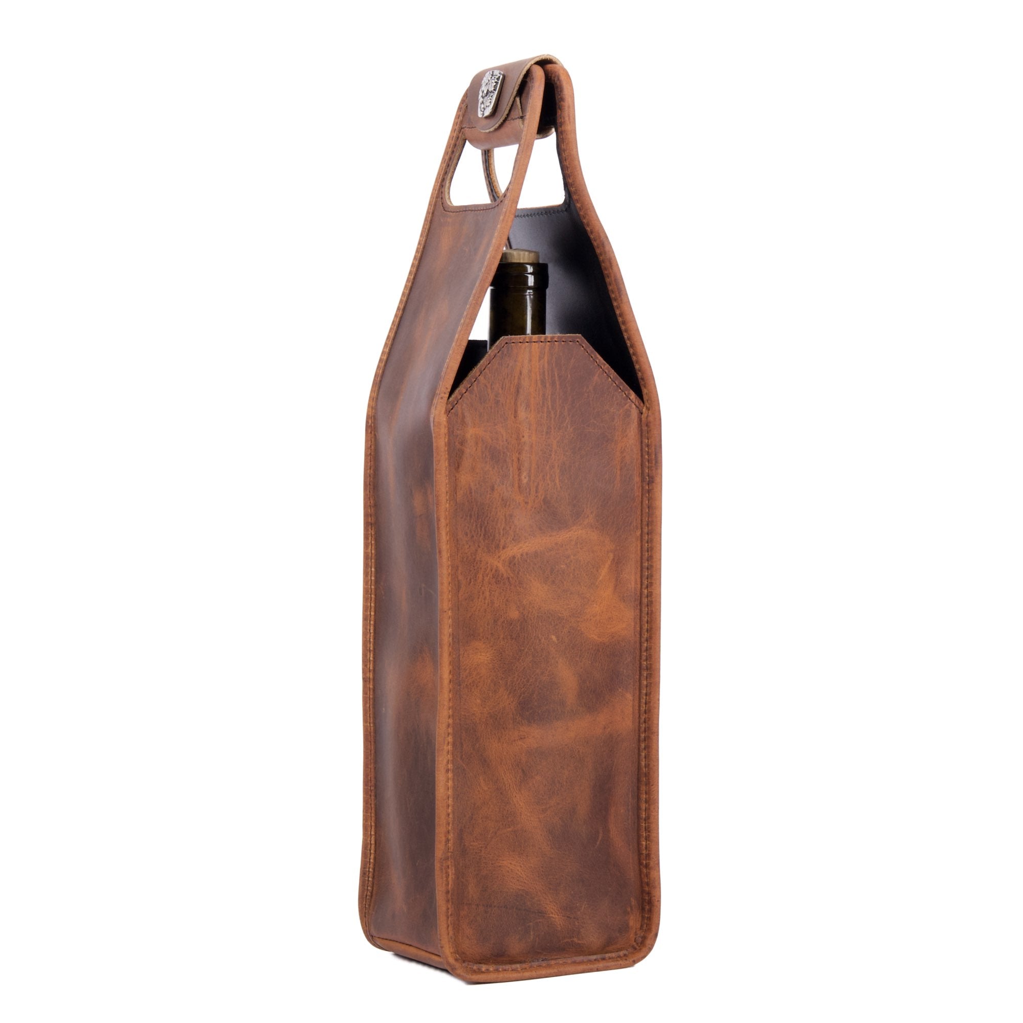 Single bottle wine bag in good times by sonoma county leather side view with bottle