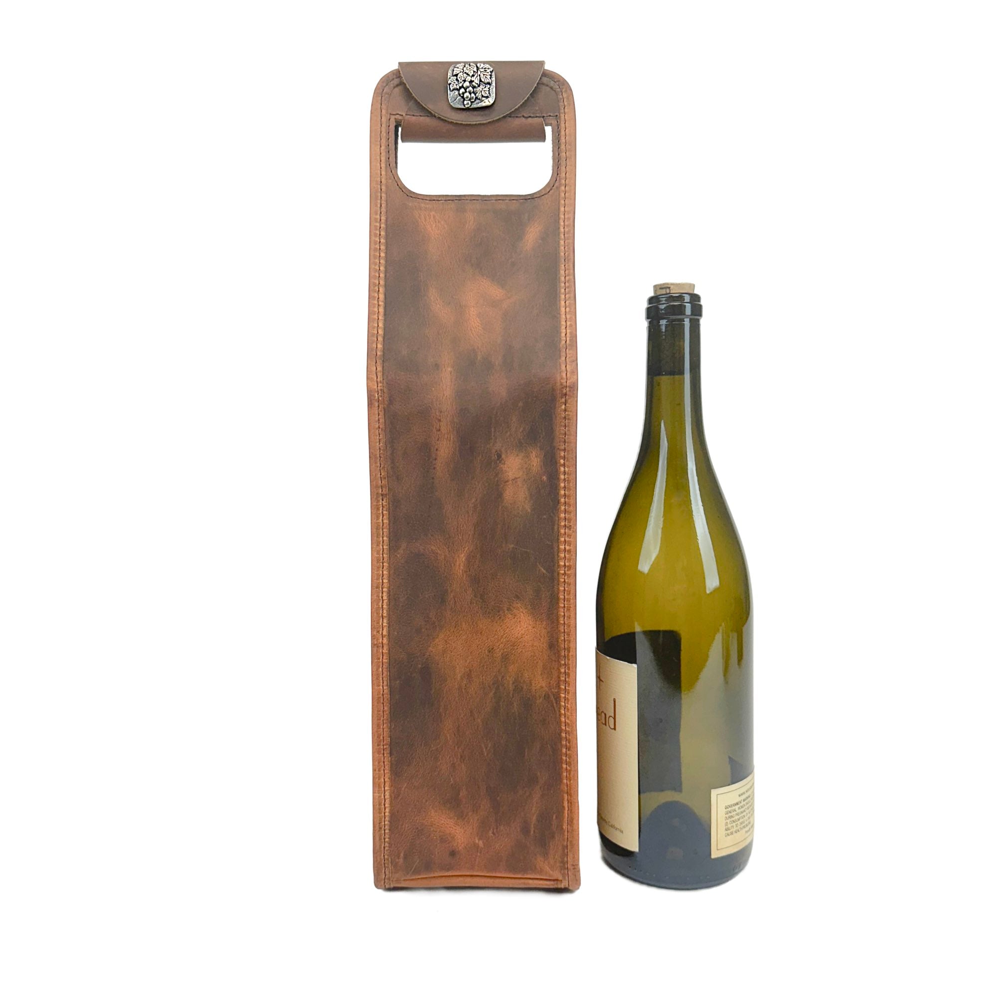 Single bottle wine bag in good times by sonoma county leather front next to bottle