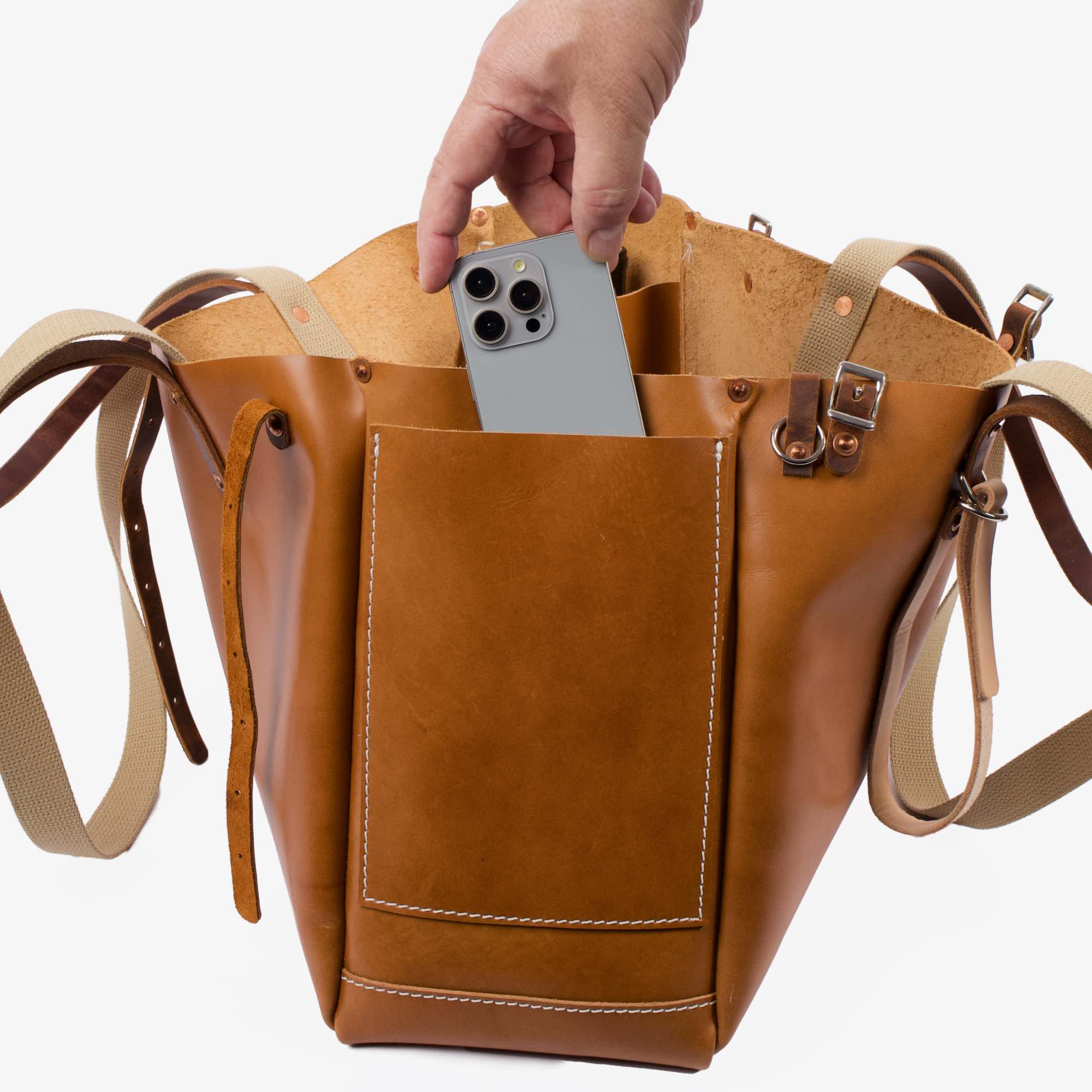 Vintner tote in cyclone by sonoma county leather phone in pocket