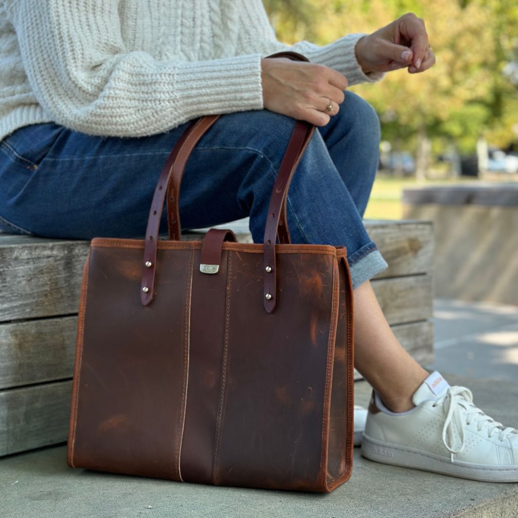 Sonoma Tote, Good Times, Model on wood bench